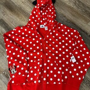 NWT Minnie Mouse Disney Red/White Polka Dot Hoodie/Jacket. Women’s sz Large